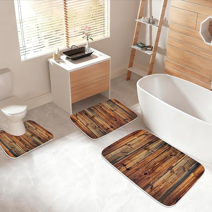 Rustic Farmhouse Wooden Board Print Bathroom Rugs and Mats Sets 3 Piece, Wood Western Country Bath Mat 20 x 31 in, Coral Velvet Memory Foam U-Shaped Contour Shower Mat Non Slip Absorbent