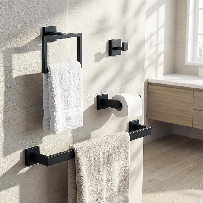 Gisafai 40 Pcs Black Bathroom Hardware Accessories Set 23.6 Inch Bath Towel Bar Kit Stainless Steel Bathroom Hardware Set Towel Racks Ring Robe Hooks Paper Holder for Wall Mounted