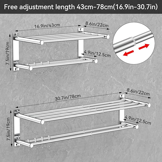 CAXIMSY Adjustable Towel Bar for Bathroom Wall Mount17-30.7inch Adhesive Shower Towel Rack Stainless Steel Bath Towel Holders for Toilet Kitchen Double Towel Hanger (Mobile Hook Towel Rack)