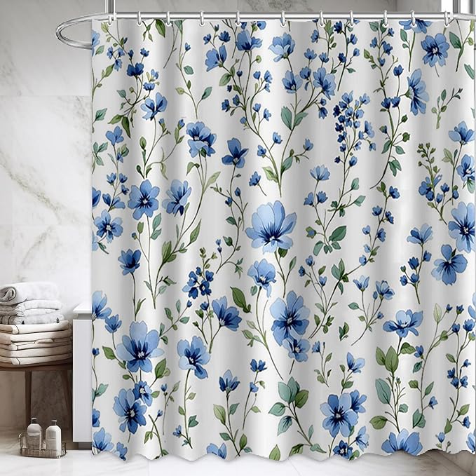 Blue Floral Shower Curtain，Cute Bright Wildflower Rustic Flower Blossom Farmhouse Leaves Botanical Cloth Fabric ，Waterproof Polyester Bathroom Home Decor Set with 12 Hooks，72 x 72 Inch