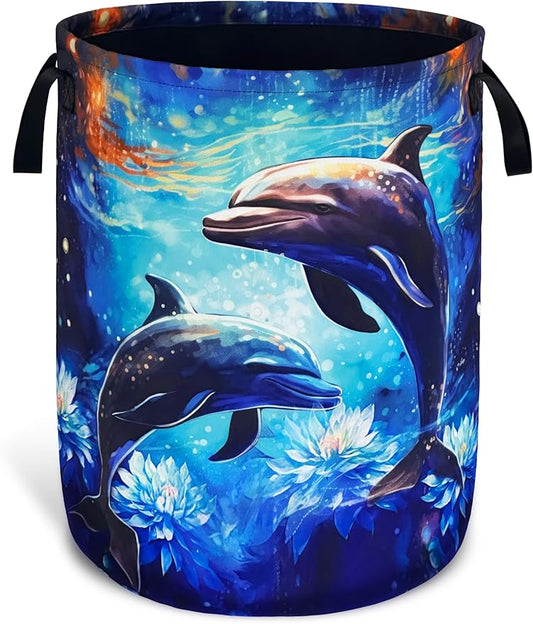 Dolphin Lotus Laundry Basket Ocean Foldable Oxford Cloth With Handle Portable Fish Storage Basket Organizer Suitable For Laundry Room/Living Room/Bedroom/Children'S Room (18.9 X 16.5 Inch)
