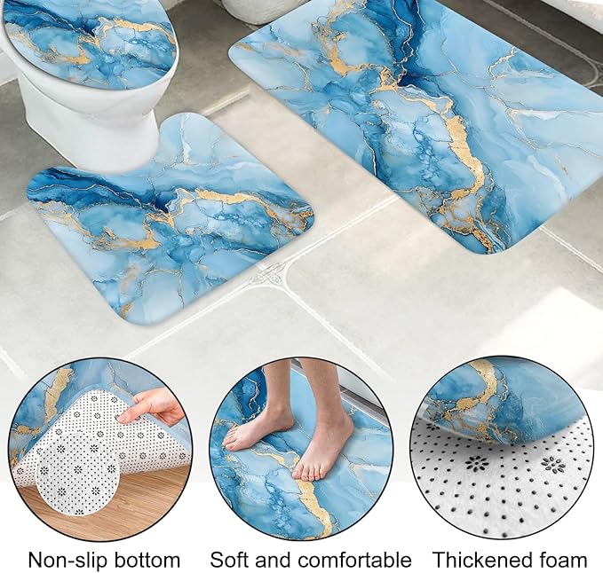 Lnond 4Pcs Marble Bathroom Sets with Shower Curtain and Rugs,Blue Gold Marble Modern Art Bathroom Shower Curtain Sets with Rugs and Accessories