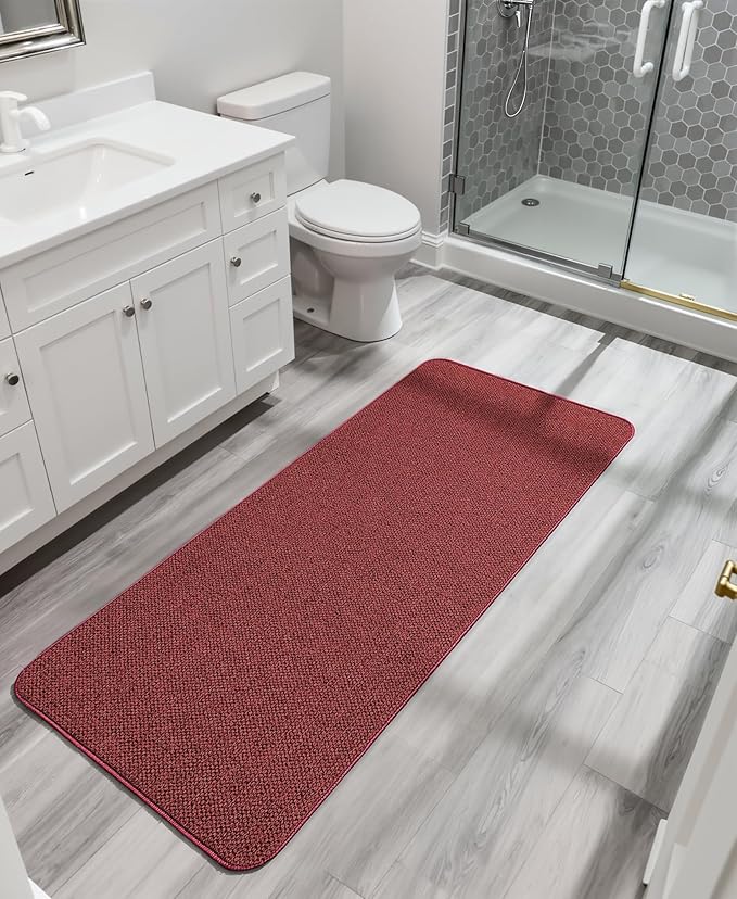 Bath Mat,Ultra Thin Bathroom Runner Rugs,Large Bath Mats for Bathroom,Quick Dry,Non-Slip,Machine Washable,Low Pile,Bath Rug,Shower Outside,Sink,Home Decor Accessories.Red,（17x59inch）