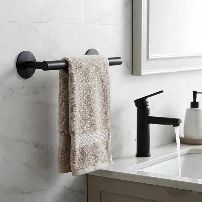 9 Inch 304 SL Matte Black Towel Racks for Bathroom and Kitchen - 3M Adhesive Cabinet Towel Holder, Small Bathroom Decor, Essential Black Bathroom Accessories