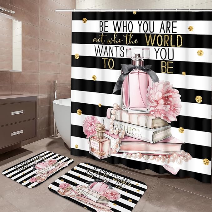 ArtSocket Woman Girl Inspirational Quotes Bathroom Set with Shower Curtain and Bath Rugs and Accessories,Pink Fashion Floral Non-Slip Shower Curtain Set,Bathroom Decor 3 Pcs