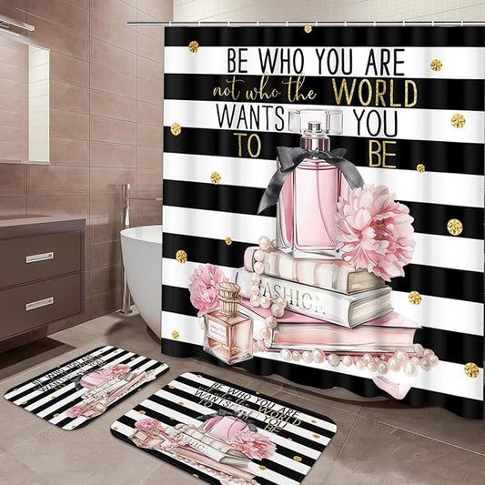 ArtSocket Woman Girl Inspirational Quotes Bathroom Set with Shower Curtain and Bath Rugs and Accessories,Pink Fashion Floral Non-Slip Shower Curtain Set,Bathroom Decor 3 Pcs