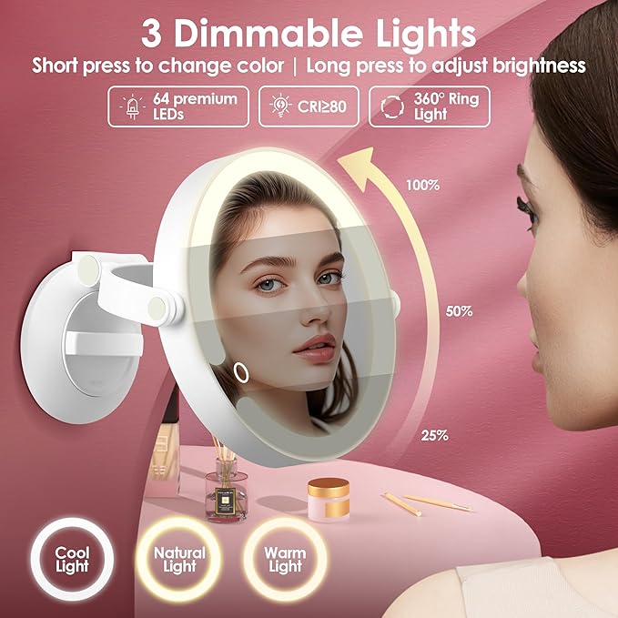 30X/1X Magnifying Mirror Suction Cup with Powerful Locking, Wall Mounted Makeup Mirror, Shaving Mirror for Bathroom, Detachable for Travel, 3 Color Modes and Adjustable Brightness (7 inch)