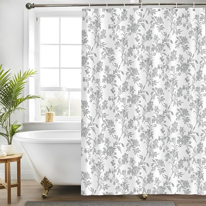 Seorsok Grey Shower Curtain,Sage Cotton Floral Cottagecore,Elegant Floral Fabric Shower Curtain Machine Washable Waterproof Bathroom Decor 60'Wx72'L inches