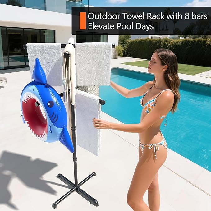 Hjarta Outdoor Towel Rack for Pool, 59 Inch Pool Towel Holder with 8 Bars, Poolside Towel Racks for Outdoor, Towel Drying Rack for Pool Area Outside, Bathroom, Spa, Hot Tub