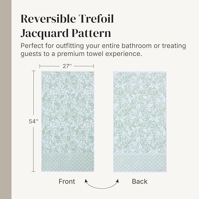 Modern Threads Botanical Vine 6-Piece 100% Cotton Towel Set – Reversible Yarn Dyed Jacquard – Includes 2 Bath Towels, 2 Hand Towels, 2 Washcloths – Absorbent, Quick Dry, Soft & Durable – Sage Green