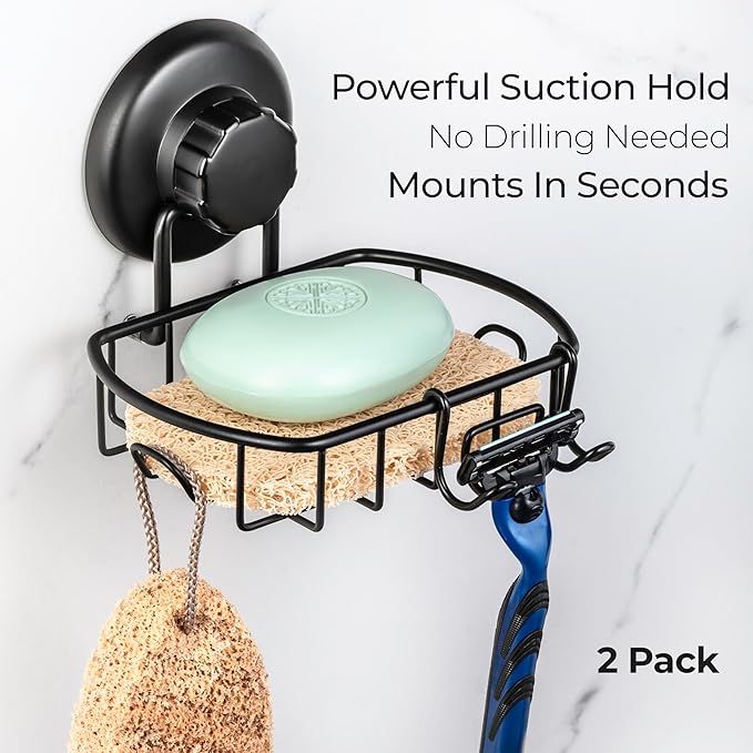 HASKO 2 Pack Suction Cup Soap Dish for Shower Wall, Rustproof Stainless Steel, Shower Soap Holder with Hooks, Includes Optional No Drill Adhesive Mount for Bathroom, 2 Soap Savers, Black