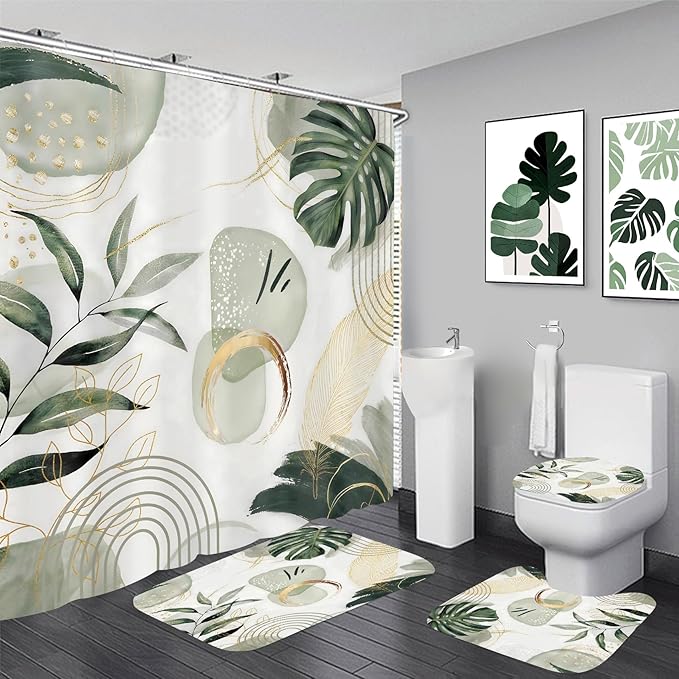 FZDHHY 4Pcs Green Shower Curtain Set, Modern Boho Bathroom Sets, Modern Luxury Bathroom Sets with Shower Curtain and Rugs, Shower Curtain with 12 Hooks