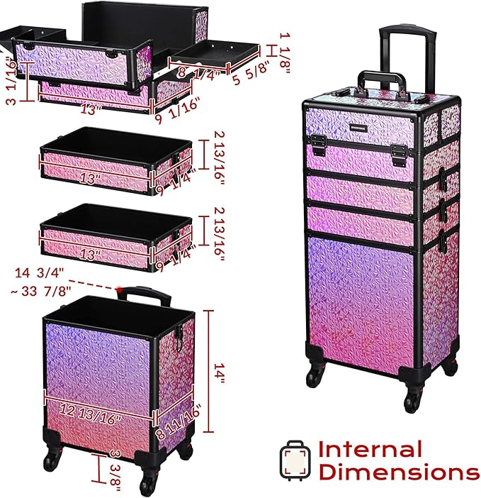 BYOOTIQUE 4in1 Rolling Cosmetology Case on Wheels Hairdressing Brush Bags Cosmetic Organizer Lash Storage Box for Makeup Artist Beauty Salon Nail Technician Hairstylist,Mermaid Pink