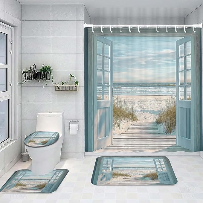 4 Pcs Blue Beach Barn Door Shower Curtain Set, Rustic Country Ocean Coastal Seaside Scenery Decor Bathroom Rug Sets, Retro Teal Wood Non Slip Rugs Toilet Lid Cover Bath Mat with Hooks