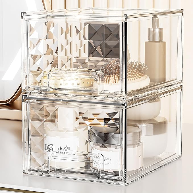 Delamu 2 Pack Stackable Storage Drawers, Makeup Skincare Holder Vanity Storage Organizer, Plastic Drawers For Vanity Desk, Undersink, Kitchen Cabinet, Pantry, Clear, Ideal Christmas Gifts for Girls