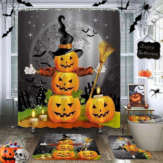 NBVKO Halloween Pumpkin Waterproof Curtain,with Non-Slip Rugs,Toilet Lid Cover and Bath Mat,Bathroom Shower Decor Accessory Set