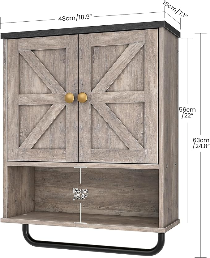 CHOEZON Bathroom Wall Cabinet, Medicine Cabinet with Open Partition and Towel Bar, Rustic Storage Cabinet with Open and Hidden Storage Space, for Bathroom, Living Room, Greige and Charcoal Black
