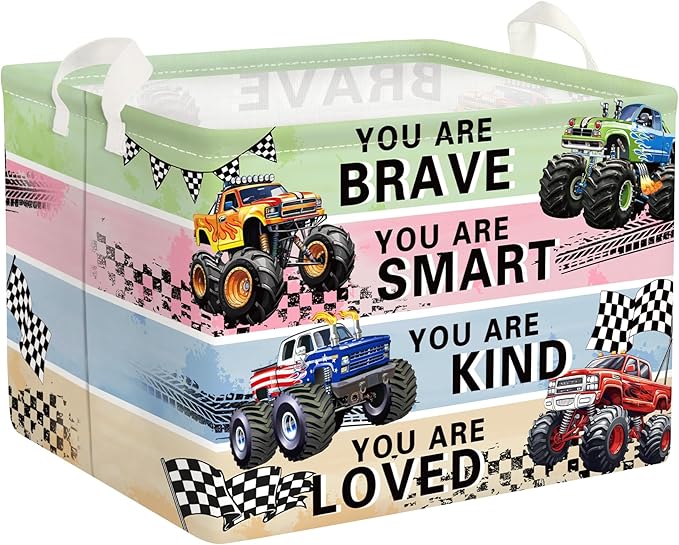 Cars Laundry Hamper Cartoon Vehicle Large Storage Basket Collapsible Parents Organizer Boy Toy Clothes Bins for Bedroom, Bathroom, Monster Truck, 36L