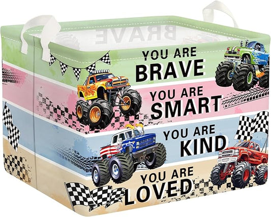 Cars Laundry Hamper Cartoon Vehicle Large Storage Basket Collapsible Parents Organizer Boy Toy Clothes Bins for Bedroom, Bathroom, Monster Truck, 36L