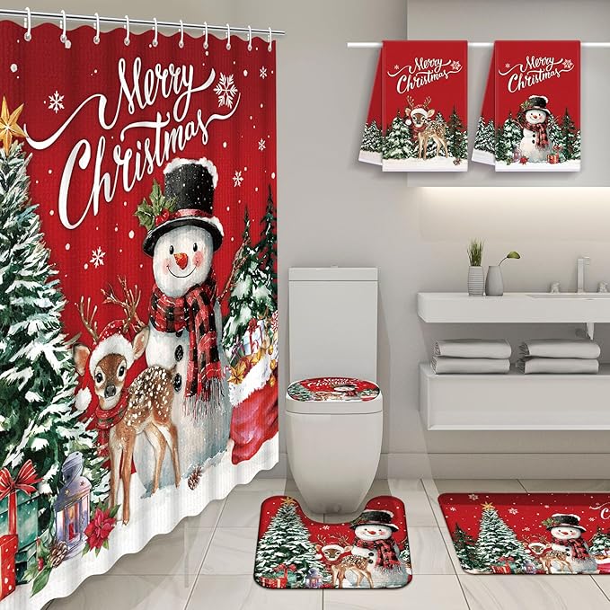 Nuanchu 6 Pcs Christmas Shower Curtain Set with Rug Bathroom Sets with Shower Curtain Bath Mat U Shaped Mat Toilet Lid Cover 2 Bath Towels and 12 Hooks Red Christmas Snowman Bathroom Decor