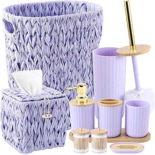 Bathroom Accessory Set, 10 Pieces Bath Set- Wicker Trash Can Tissue Box Soap Dish Toothbrush Holder Rinse Cup Lotion Bottle Toilet Brush Qtip Holder - Practical Bathroom Decor Sets (Purple, Bath Set)