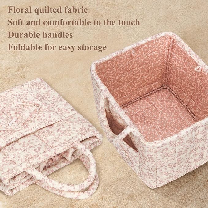 Quilted Fabric Basket Car Storage Basket Boho Floral Laundry Hamper for Nursery Bedroom & Living Room | Organize Clothes Toys