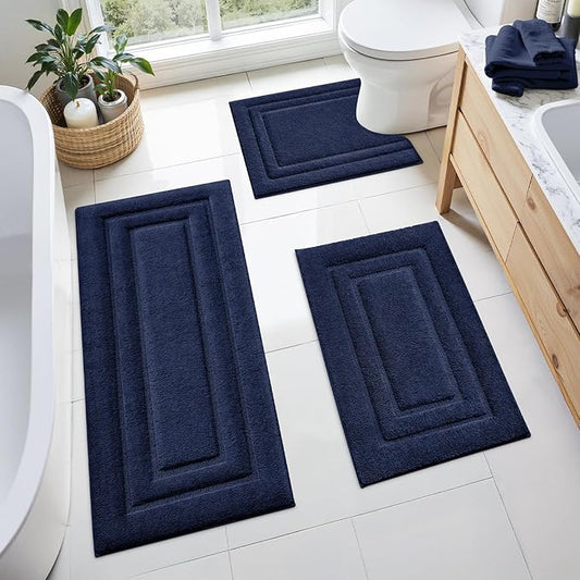 HOMEIDEAS Bathroom Rugs Sets 3 Piece, Microfiber Shaggy Bath Mat Set, Non-Slip Ultra Soft Carpet Mats, Large Rugs with U-Shaped Toilet for Bathroom, Tub, Shower,Navy Blue