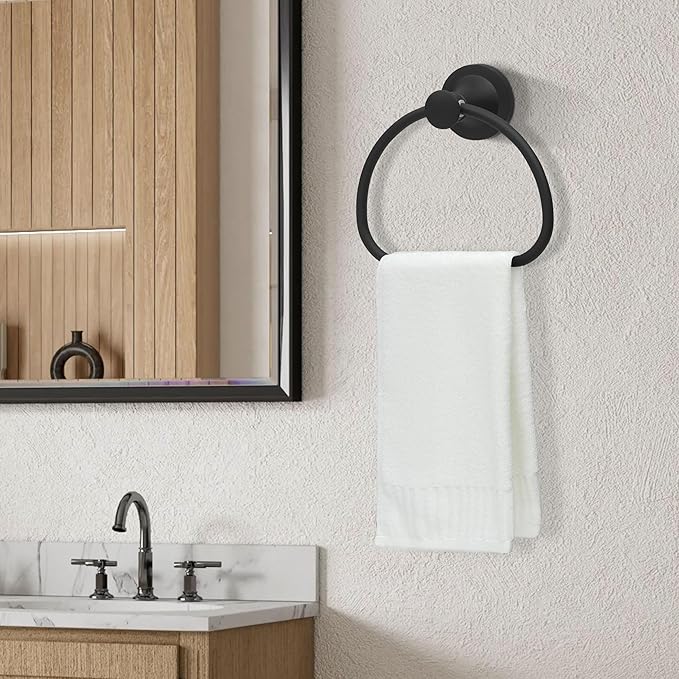 Black Bathroom Hand Towel Holder, Matte Black Towel Ring Holder, Wall Mounted Towel Rack Hanger Home Half Round Bathroom Hardware Accessory Modern