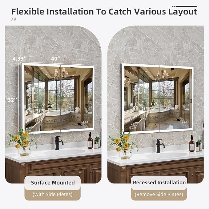 40" x 32" LED Medicine Cabinet with Mirror and Lights, Recessed or Surface Bathroom Mirror Cabinet with 3-Color Lights, Stepless Dimming, Lighted Medicine Cabinet with Defogger, 2 Outlets & USB Ports