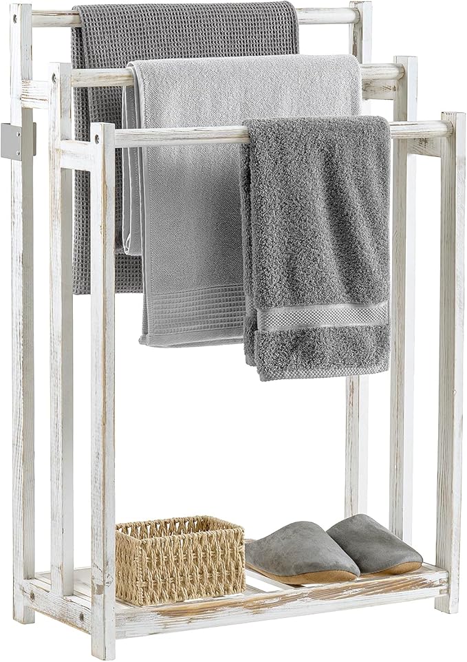 MyGift 35" Freestanding Towel Rack, 3 Bar Wood Blanket Holder with Bottom Storage Shelf, Free Standing Towel Drying Rack and Display for Bathroom Living Room, Whitewashed