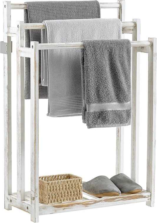MyGift 35" Freestanding Towel Rack, 3 Bar Wood Blanket Holder with Bottom Storage Shelf, Free Standing Towel Drying Rack and Display for Bathroom Living Room, Whitewashed