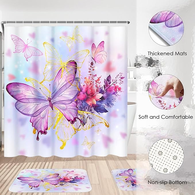 4 Piece Shower Curtain Set, Spring Summer Flowers Waterproof Bathroom Set Accessories with Non-Slip Rugs, Toilet Lid Cover Bath Mat and 12 Hooks, Watercolor Pink Butterfly Home Decor 72" x 72"