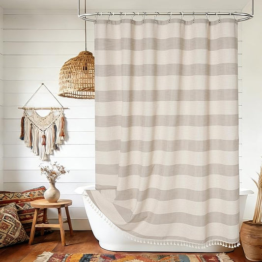 Boho Farmhouse Thick Tan Shower Curtain with Tassels, 350GSM Cotton Linen Soft Fabric Shower Curtain Heavyweight, 72 x 72 Inch Beige Brown Striped Country Bathroom Decor Curtain Water Repellent