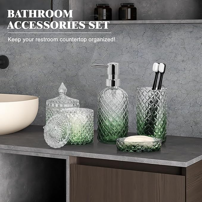 Bathroom Accessories Set, 5Pcs Bathroom Soap Dispenser Set, Glass Bathroom Accessories with Glass Soap Dispenser, Soap Dish, Toothbrush Holder, Tumbler, Cotton Swab Jar (Gradient Clear & Green)