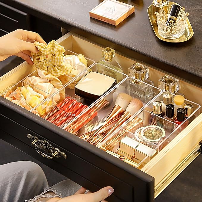 JessLab Acrylic Organizers, Bathroom Organizer for Drawer, 4-Pack Cosmetic Display Cases for Vanity, Countertop, Desk, Kitchen, and Makeup Storage, 3 Compartment