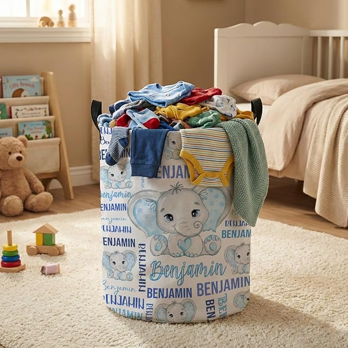 Custom Elephant Laundry Baskets,Cute Personalized Elephant Gifts for Girls,Kids Laundry Hamper,Collapsible Clothes Storage Organizer,One Size