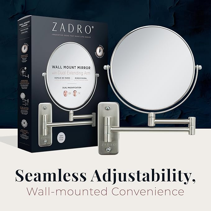 Zadro 7" Wall Mounted Wardrobe, Vanity Makeup Mirror with Magnification & Extending Arm (Large | 12.25" x 12" | 8X/1X, Chrome)
