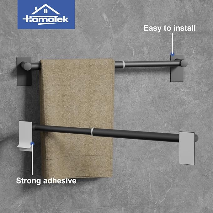Adhesive Adjustable Towel Bar, Self Stick Bathroom Towel Holders, HOMOTEK Bathroom Rod Size from 14 Inch to 24.5 Inch Single Hanger for Kitchen(Thickened 1 Pack Matte Black)