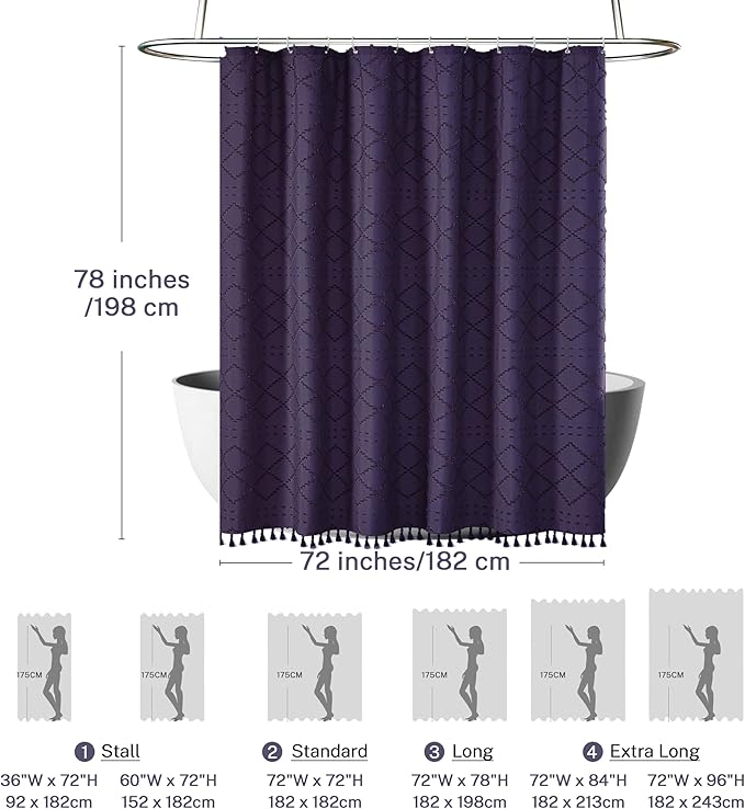 78inch Long Dark Purple Shower Curtain Boho Shower Curtain Woven Fabric Tufted Chevron Textured Striped Modern Farmhouse Minimalist Cloth Shower Curtains for Bathroom, 72" x 78"