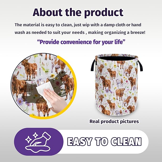 Cows Flowers Laundry Basket Foldable Oxford Cloth With Handle Portable Highland cattle Storage Basket Organizer Suitable For Laundry Room/Bedroom/Living Room/Children'S Room (18.9 X 16.5 Inch)