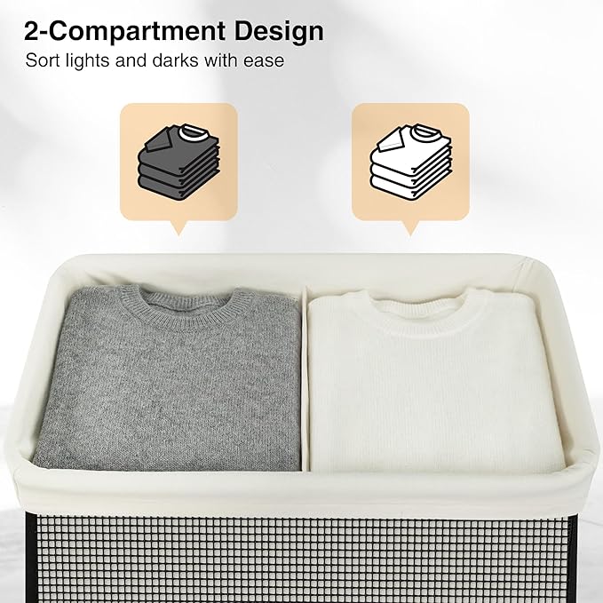 STO STO Double Laundry Hamper with Lid, 140L Large 2 Section Laundry Sorter, Laundry Basket with Removable Washable Canvas Liner Bag, Breathable Clothes Hamper for Bedroom Bathroom Laundry Room Closet