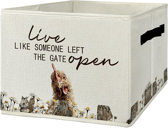 Rustic Chicken Storage Bins & Boxes with Handles, Farmhouse Chicken Foldable Basket for Organizing, Live Like Someone Left the Gate Open Collapsible Storage Basket for Bedroom Bathroom