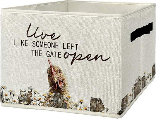 Rustic Chicken Storage Bins & Boxes with Handles, Farmhouse Chicken Foldable Basket for Organizing, Live Like Someone Left the Gate Open Collapsible Storage Basket for Bedroom Bathroom