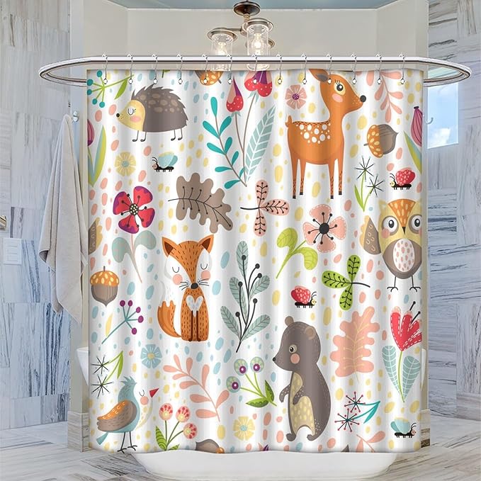 Kids Baby Woodland Shower Curtain Animals Cartoon Girls Children's Cute Cartoon Funny Colorful Weeds Plants Fox Waterproof Fabric Bathroom Decor 72x72 Inches(183x183cm), Style-13