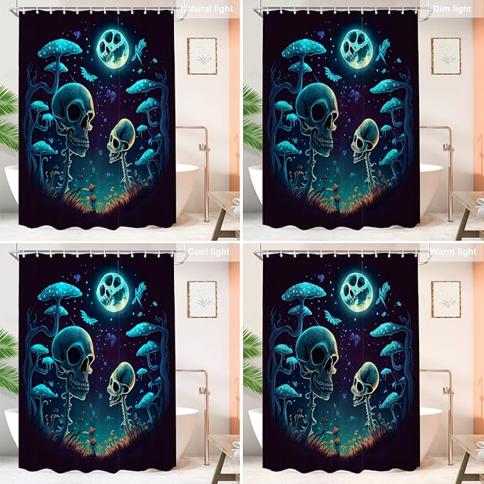 Shrahala Happy Halloween Funny Decorative Shower Curtain, Skeletons Grass Mushrooms Starry Sky Bathroom Décor Polyester Fiber Waterproof with Plastic Rings for Shower Stall Bathtubs 72 x 72 in