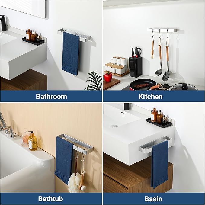SAYAYO Brushed Nickel Hand Towel Holder for Bathroom Wall, 12 Inch Self Adhesive Towel Bar Hand Towel Rack Square Heavy Duty