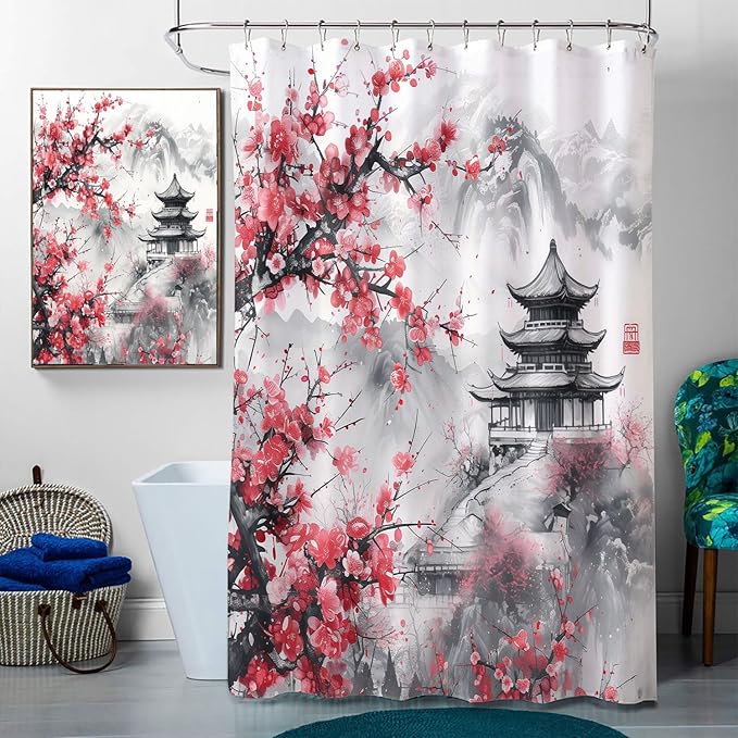 Japanese Cherry Blossom Bathroom Shower Curtain Set with Rugs,Toilet Lid Cover, Bath Mat, Anime Pink Flowers Mountains Shower Curtain with 12 Hooks, Durable Bathroom Decor Set