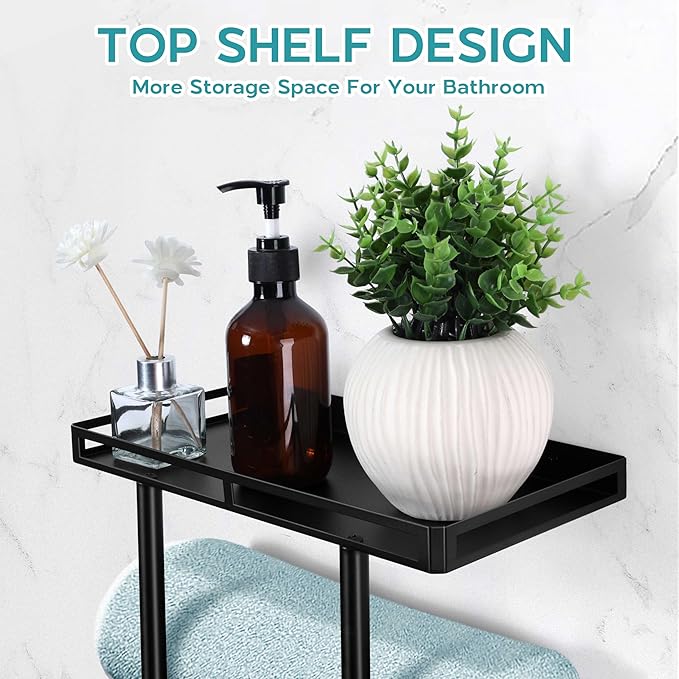 Wall Mounted Towel Racks for Bathroom, Onader 15 Inch Black Bath Towel Holder with Metal Shelf and 3 Hooks