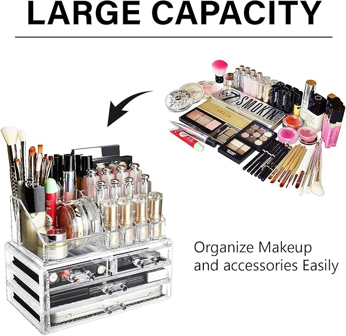 Ikee Design Acrylic Makeup Organizer with 4 Drawers and Removable Top Lipstick Holders, Ideal for Make-up or Accessories,Enhance Your Vanity or Bathroom with Clear Design for Quick Visibility