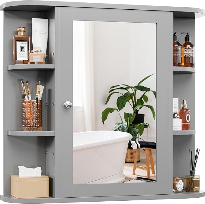 DL-win Bathroom Medicine Cabinet with Mirror, Wall Mounted Home Storage with Door, Over The Toilet Space Saver Storage Cabinet, Bathroom Cabinet Wall Mounted, Grey